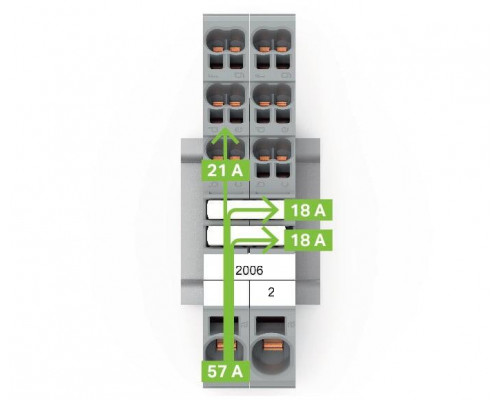 Распределительная клемма; с рабочими пазами; 1 x 6 мм² / 6 x 1.5 мм²; с интегрированной заглушкой; боковая и центральная маркировка; для DIN-rail 35 x 15 и 35 x 7.5; Push-in CAGE CLAMP®; 6,00 мм²; жёлтая