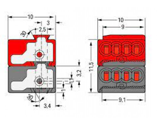 2х4-проводная микроклемма, 0,6-0,8 мм2, красно-черная