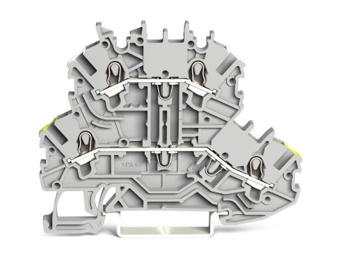 Двухуровневая клемма проходная, серая для KNX; верхний уровень маркирован белым, нижний уровень маркирован жёлтым, для рейки DIN 35 x 15 şi 35 x 7,5; CAGE CLAMP® технология; 1,00 мм²; серый